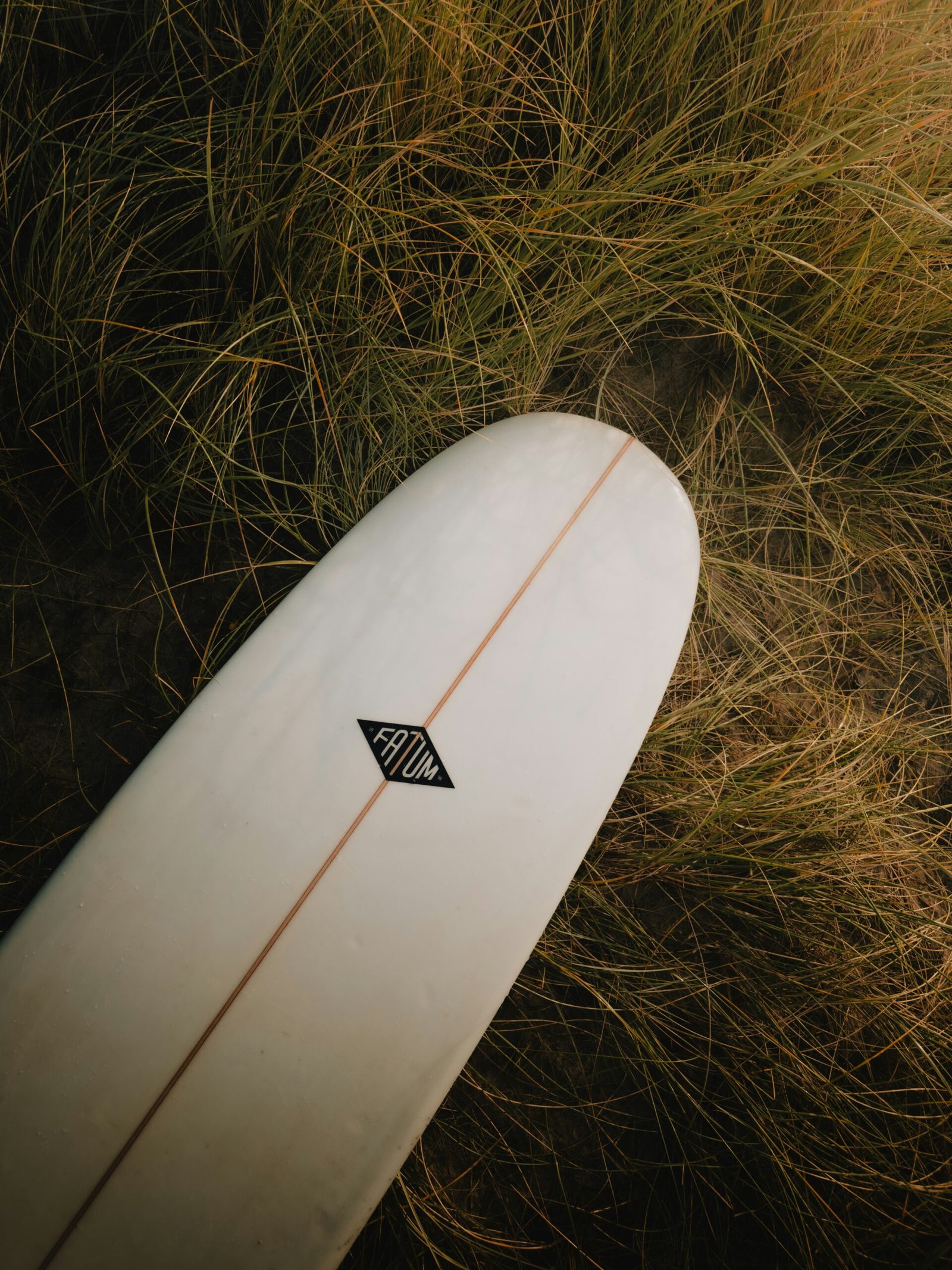 A white surfboard laying in the grass